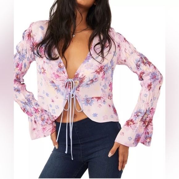 Free People Floral Print Tie Front Top New Peplum Tie Medium Nwt $98 Bohemian - Picture 1 of 9